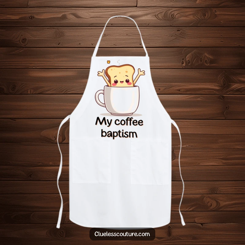 Funny apron showing a sentient toast slice character comically falling into a coffee mug, perfect for a humorous kitchen experience.