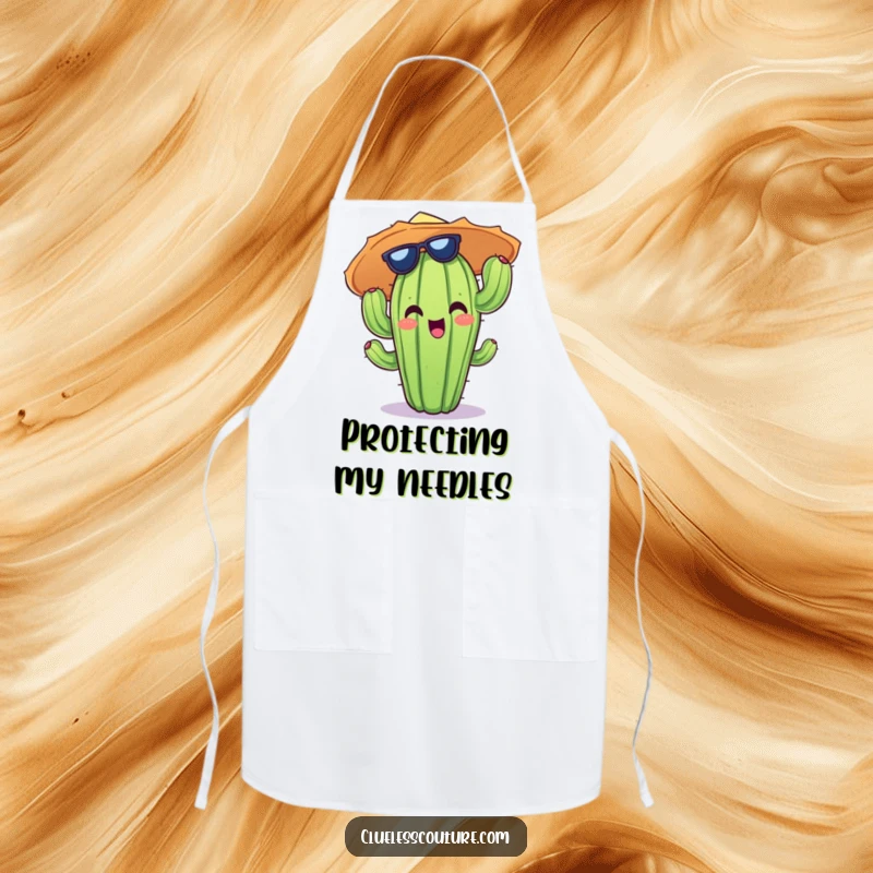 Funny apron showcasing a cheerful cactus character wearing a comically large sun hat while cooking.