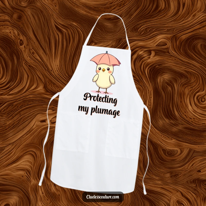 Funny apron showing a bird wearing a tiny umbrella as a hat, enjoying the warm sun while perhaps cooking.