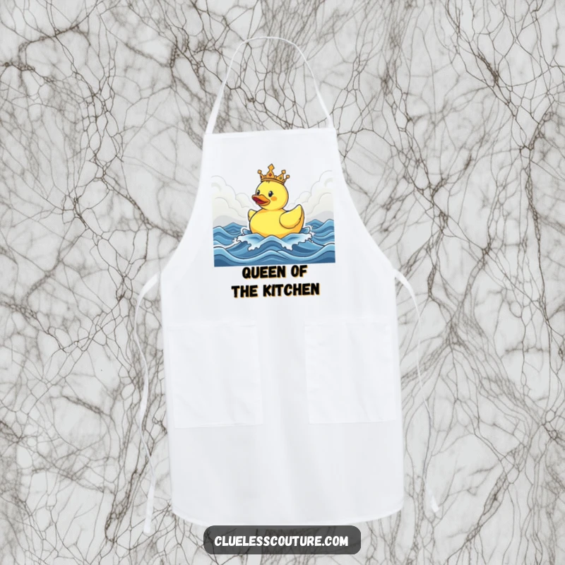 Funny apron with a crowned rubber ducky sailing triumphantly through stormy seas, adding humor to kitchen adventures.