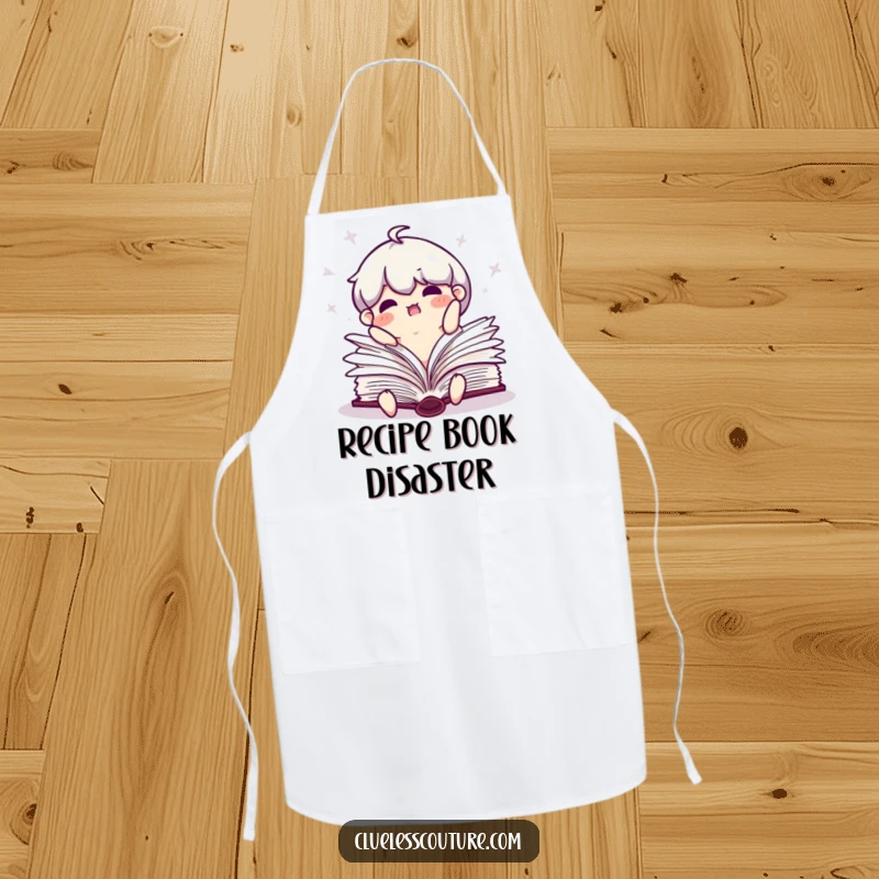 Funny apron showing a clumsy book character falling open with pages flailing wildly.