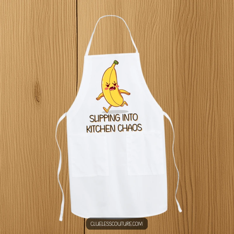 Funny banana character tripping over its peel while cooking, a humorous apron for kitchen fun.