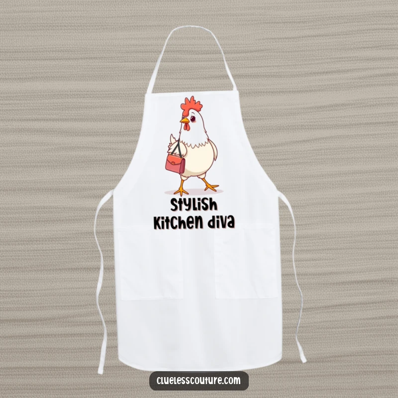 Funny chicken wearing a tiny designer handbag, strutting confidently, on a practical kitchen apron.