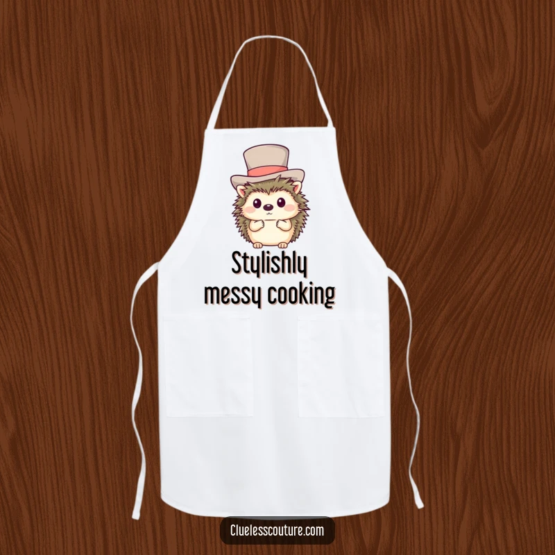 Funny apron showing a shy hedgehog hilariously trying to put on a comically large top hat.