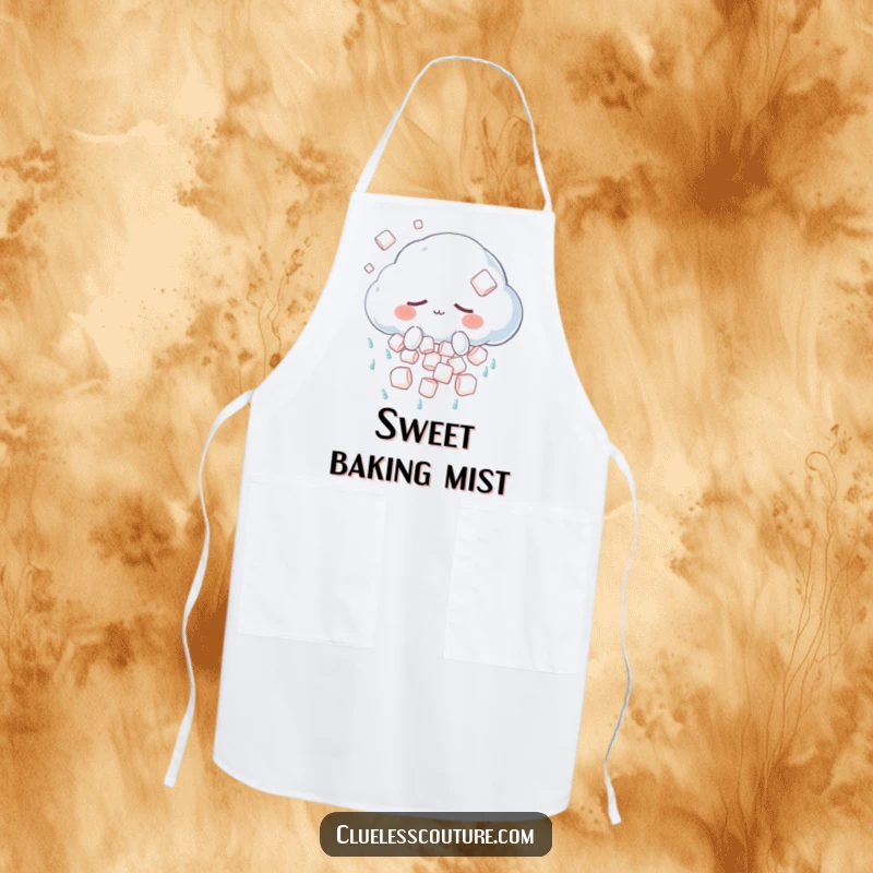 Funny apron featuring a sleepy anthropomorphic cloud character showering marshmallows instead of rain, bringing sweet fun to the kitchen.