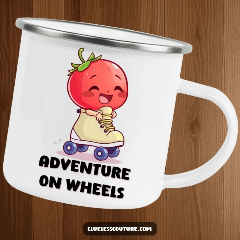 Funny giggling strawberry character riding a runaway roller skate, a durable and humorous camping mug.