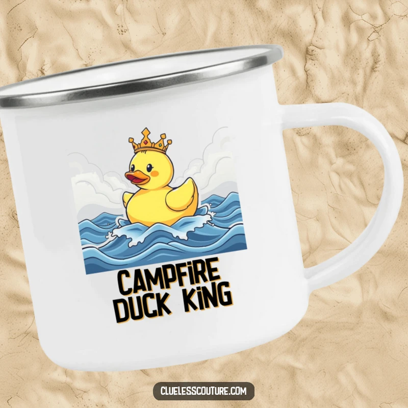 Funny camping mug with a crowned rubber ducky triumphantly floating on stormy seas, ideal for outdoor escapades and humorous sipping.