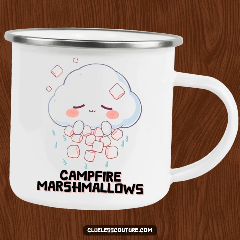 Funny camping mug with a sleepy anthropomorphic cloud character showering marshmallows, ideal for enjoying drinks outdoors with a touch of magic.