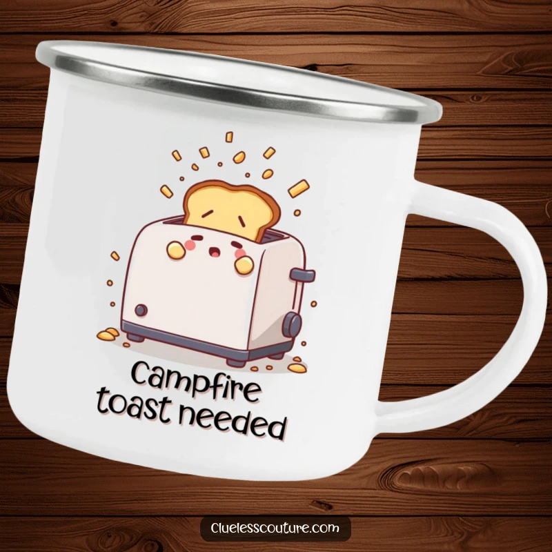Funny camping mug showing a nervous toast popping out of a chaotic toaster with flying crumbs, perfect for outdoor use and adding humor.