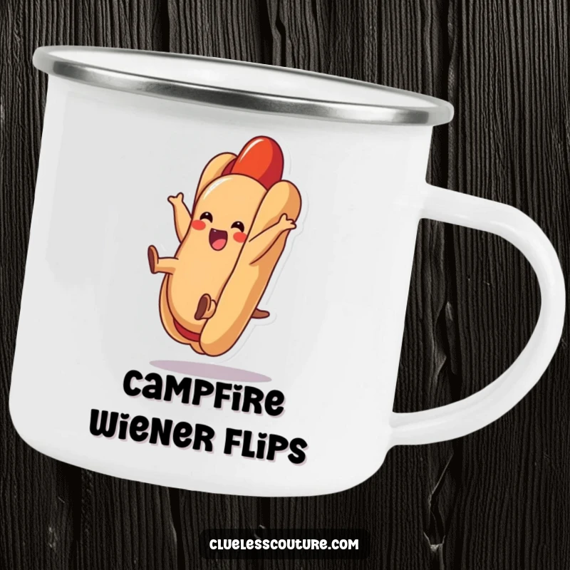 Funny hot dog camping mug showing a delighted hot dog doing a cartwheel inside its bun, designed for outdoor enjoyment.
