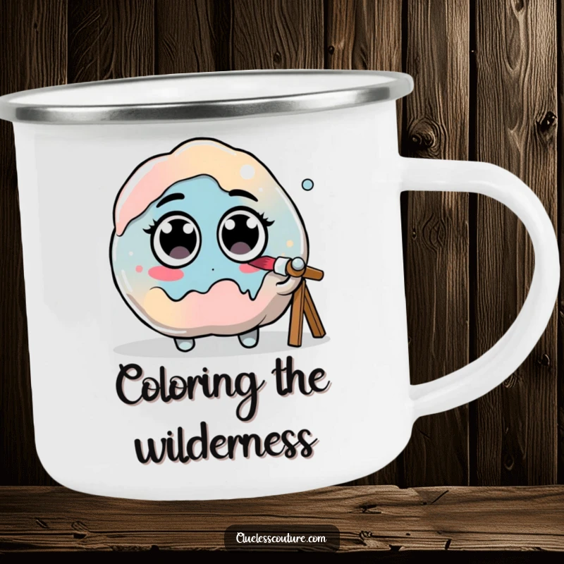 Funny camping mug showing a paint blob with googly eyes hilariously trying to paint itself, ready for artistic inspiration outdoors.