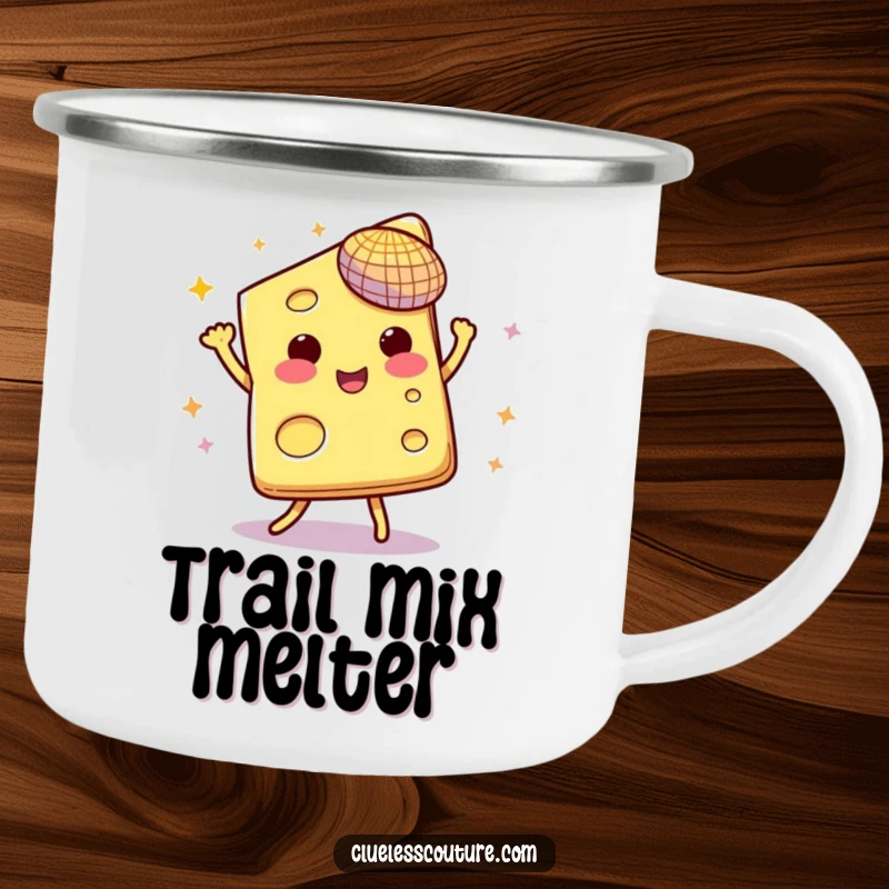 Funny camping mug featuring a slice of cheese dancing with a tiny disco ball, perfect for outdoor parties.