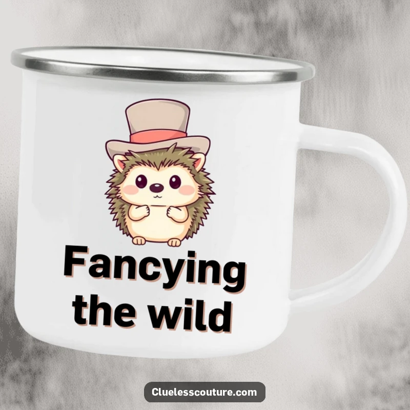 Funny camping mug featuring a shy hedgehog hilariously attempting to wear a giant top hat, perfect for outdoor use.