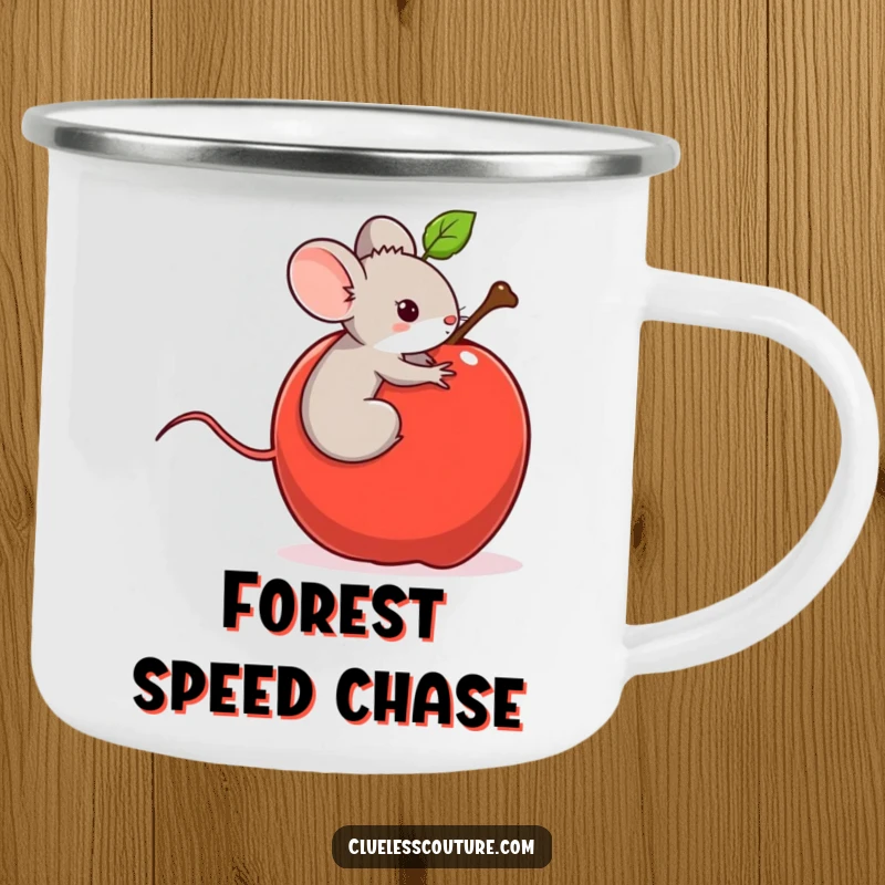 Funny camping mug illustrating a tiny mouse on a runaway rolling apple, a humorous companion for outdoor excursions.