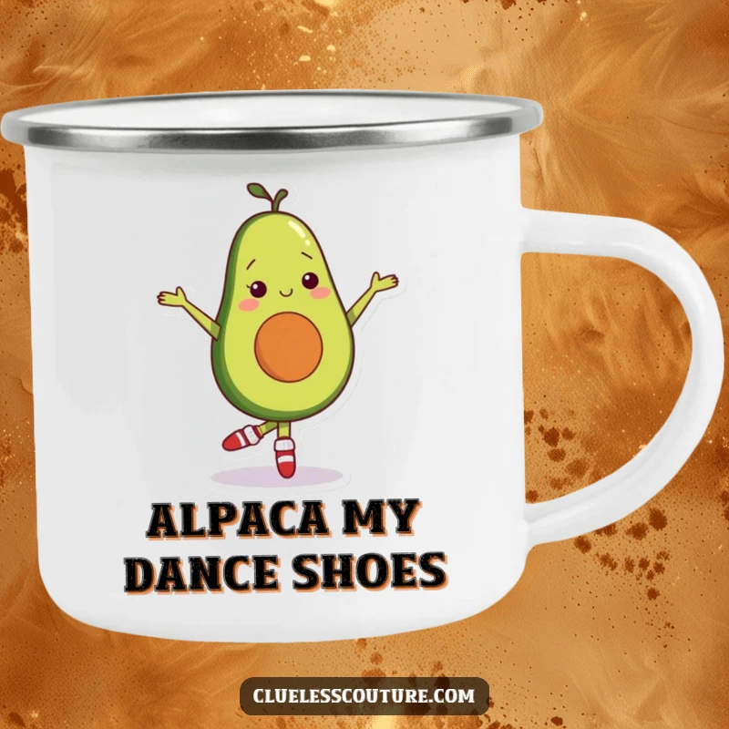Durable camping mug showcasing a shy avocado character in mismatched socks, awkwardly attempting ballet, for enjoying drinks outdoors.