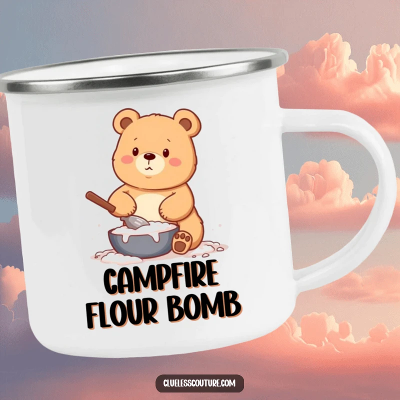 Funny camping mug depicting a bear comically covered in flour while baking, perfect for outdoor enthusiasts who enjoy a good laugh.