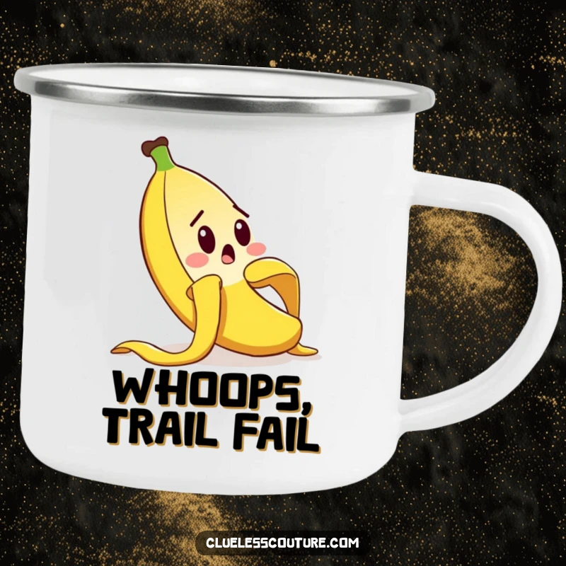 Funny camping mug with a surprised banana peel character comically slipping, perfect for outdoor trips and a good laugh, a funny gift.