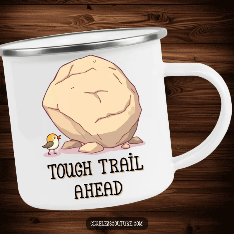 Funny camping mug featuring a small bird comically attempting to push a giant boulder uphill, for outdoor use.