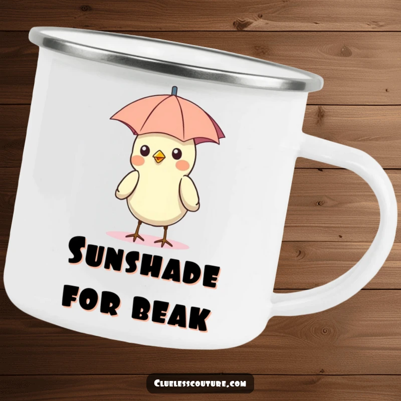 Funny camping mug with a bird wearing a tiny umbrella hat, enjoying the outdoors under the sun, rugged and amusing.