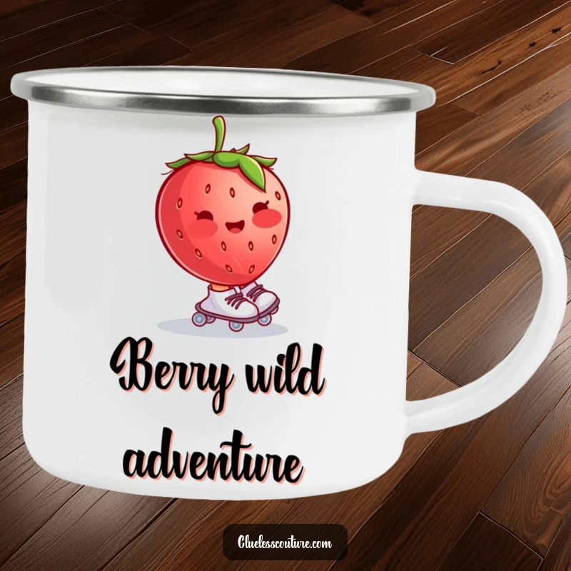 Funny camping mug with a blushing strawberry wearing tiny roller skates and wobbling uncontrollably, perfect for outdoor enthusiasts.