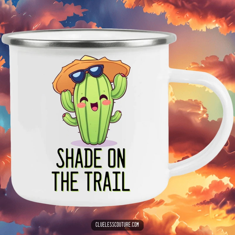Funny camping mug featuring a cheerful cactus character with a ridiculously large sun hat, ready for the outdoors.