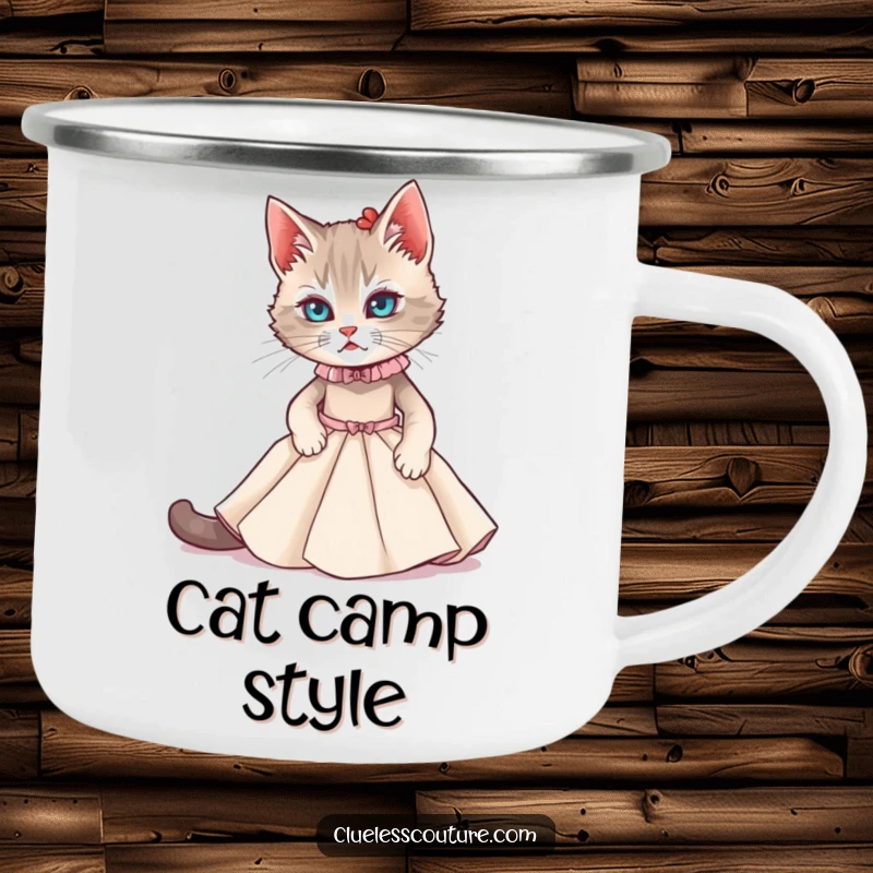 Funny camping mug with a cat struggling to fit into a miniature couture gown, for humorous outdoor drinks.