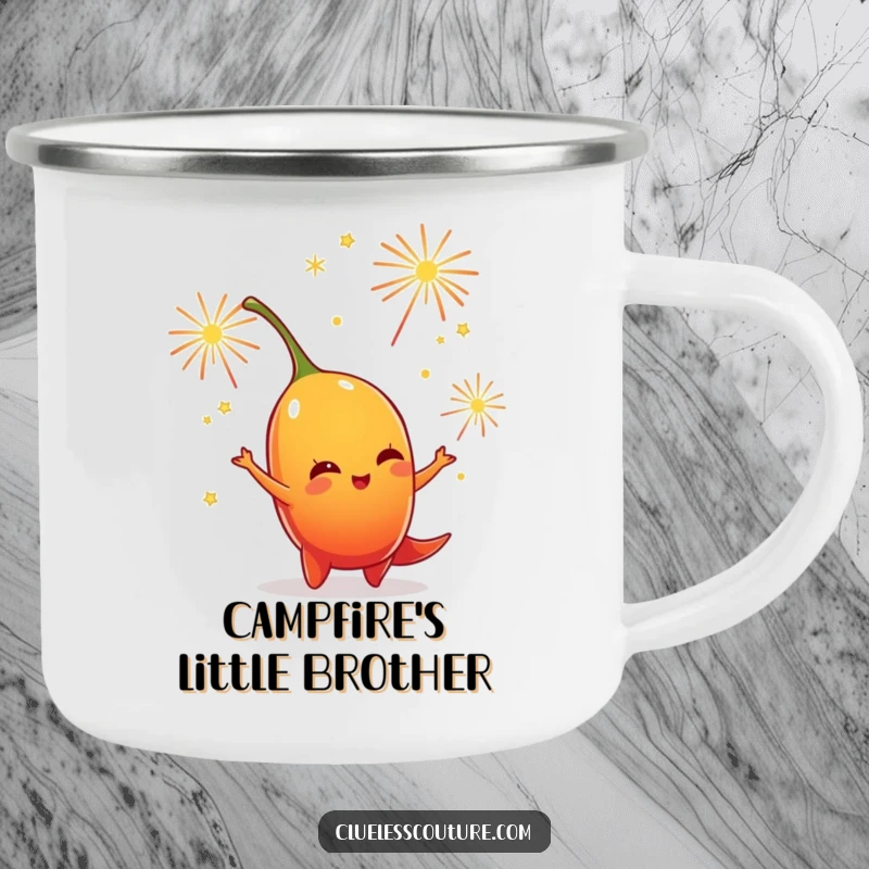 Funny camping mug showing a chili pepper character juggling tiny, sparkling fireworks, perfect for festive outdoor drinks.
