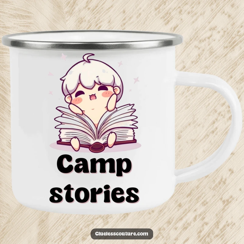 Funny camping mug showing a clumsy book character falling open with pages flailing.