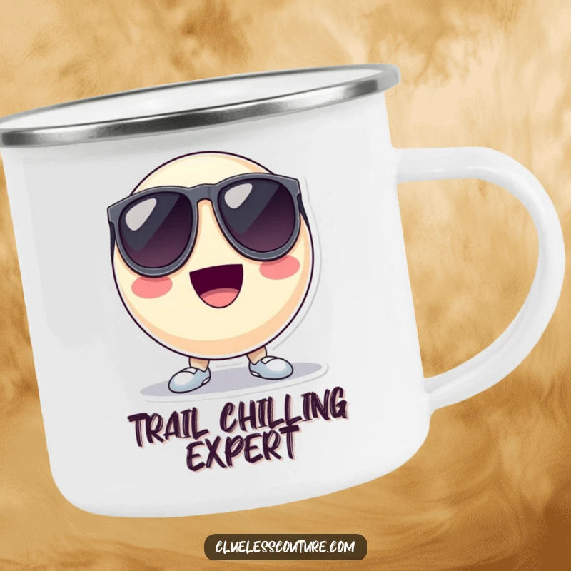Funny camping mug featuring a bouncing ball character wearing oversized sunglasses and looking cool, perfect for outdoor fun.