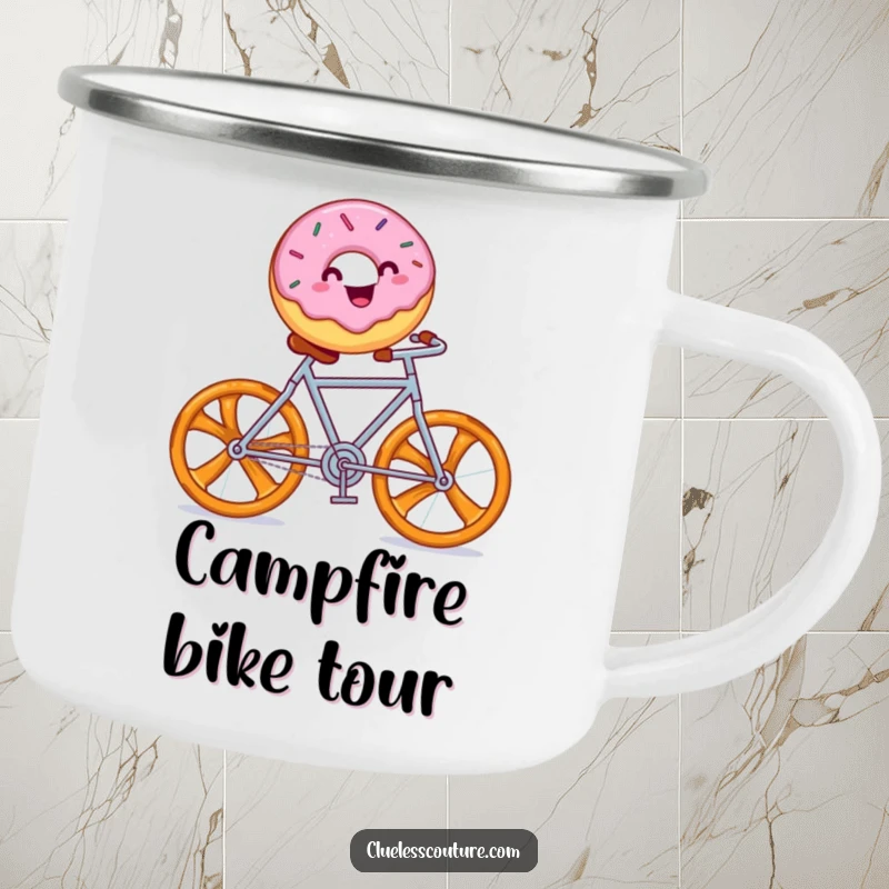 Funny camping mug with a cheerful donut with sprinkles riding a pretzel bicycle, perfect for outdoor fun.