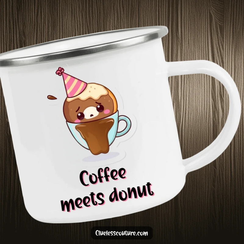 Durable camping mug showcasing a confused donut wearing a party hat, falling into coffee, for enjoying drinks outdoors.