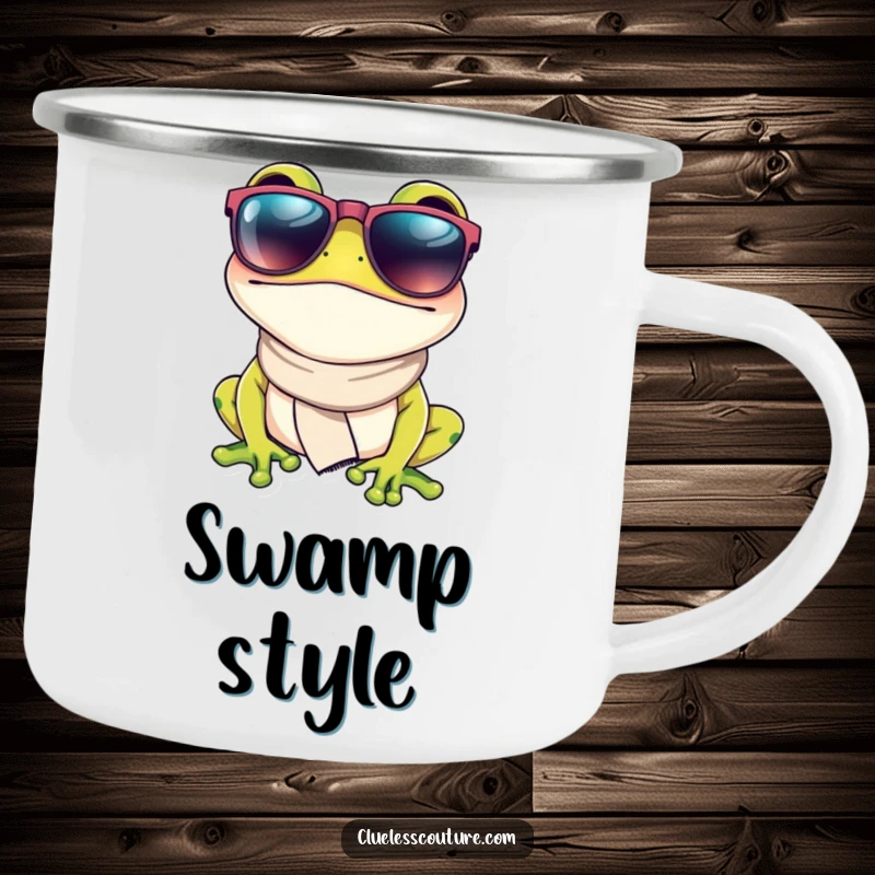 Funny camping mug with a fashionable frog wearing oversized sunglasses and a small scarf, durable and humorous drinkware for outdoor enthusiasts.