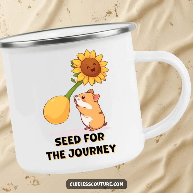 Funny hamster camping mug showing a hamster attempting to lift a gigantic sunflower seed, suitable for outdoor workouts and humorous sipping.