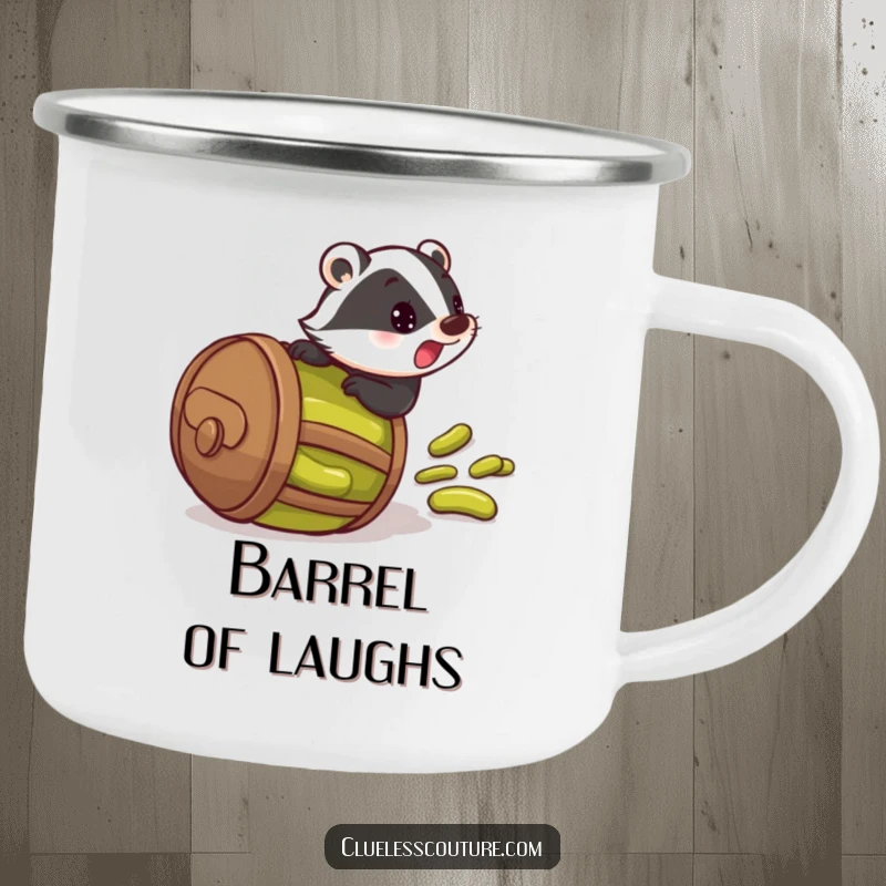 Funny enamel camping mug with a startled badger rolling downhill in a barrel of pickles, for outdoor fun and humor.
