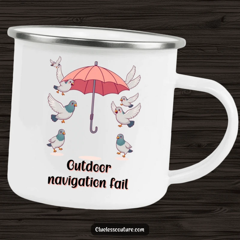 Funny surprised pigeons attempting to fly in opposite directions from a single, tiny umbrella, ready for outdoor laughs on this durable camping mug.