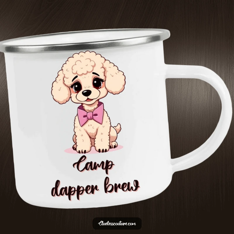 Funny camping mug with a confused poodle attempting to tie a cravat, for humorous outdoor drinks.