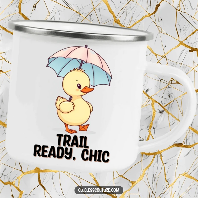 Funny Sassy Duck Camping Mug, a sassy duck waddling with a minuscule designer umbrella, ideal for humorous outdoor adventures.