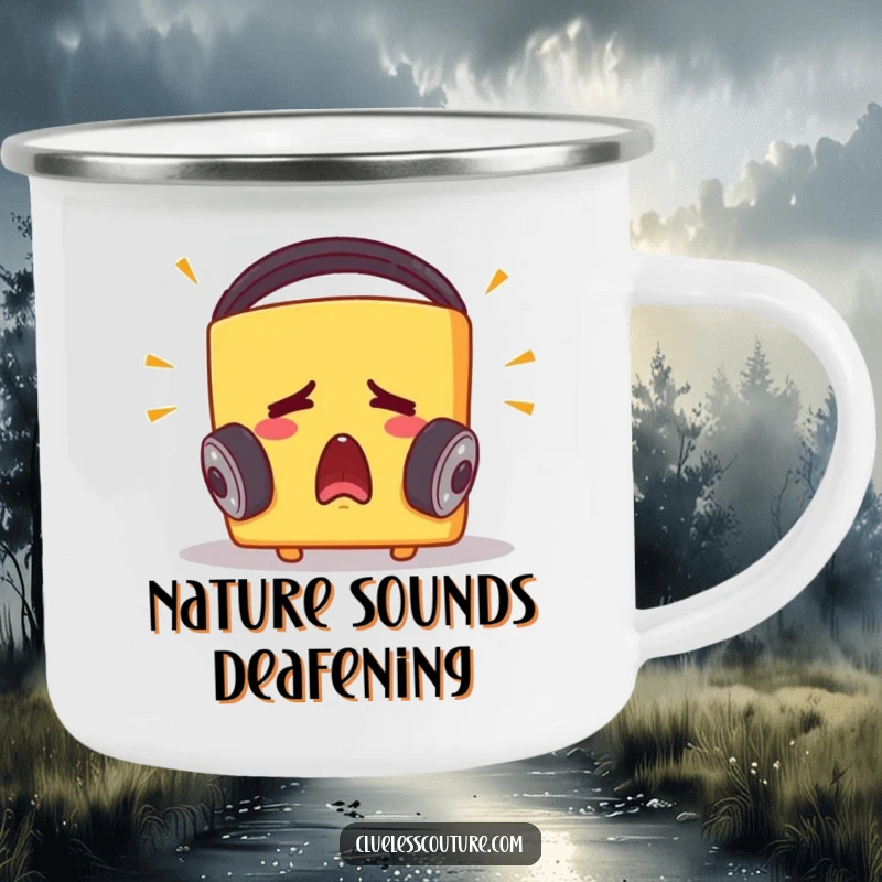 Funny camping mug showing a startled cheese block wearing headphones, reacting to loud music, designed for outdoor adventures and laughter.