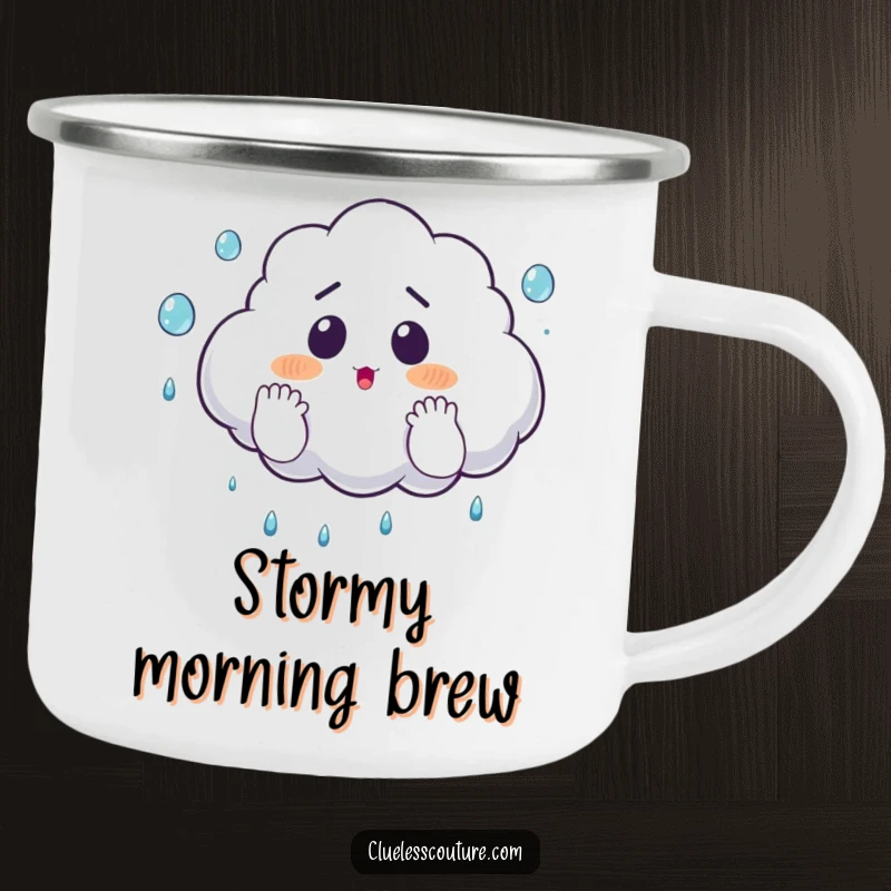 Funny camping mug with a surprised cloud comically juggling raindrops with its hands, perfect for outdoor enthusiasts.