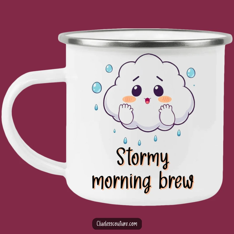 Funny Surprised Cloud Juggling Raindrops Camping Mug, Outdoor Weather Humor