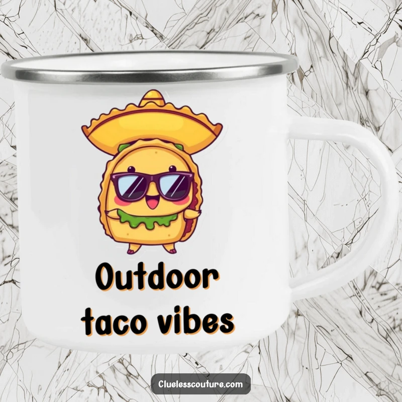 Funny camping mug with a proud anthropomorphic taco character wearing a tiny sombrero and sunglasses, ideal for outdoor fiesta enjoyment.