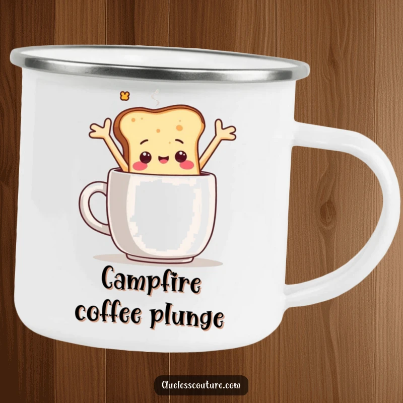 Funny camping mug featuring a sentient toast slice character comically falling into a coffee mug, perfect for outdoor fun.