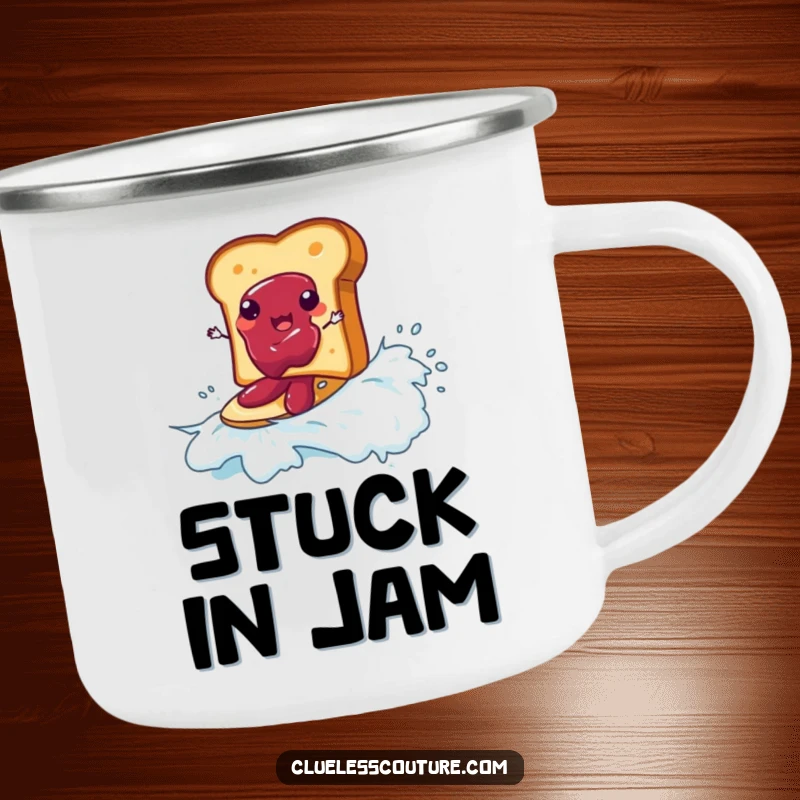 Funny enamel camping mug with a piece of toast surfing on a wave of jam, for outdoor fun and breakfast humor.