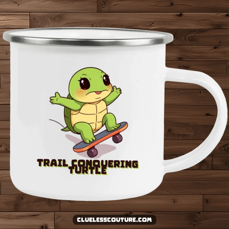 Funny camping mug depicting a turtle's comical, determined effort skateboarding uphill, perfect for outdoor enthusiasts who value perseverance.