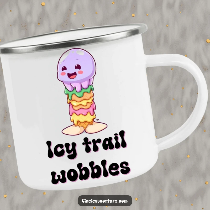 Funny wobbly jelly character attempting to balance on a stack of melting ice cream cones, on a sturdy camping mug.