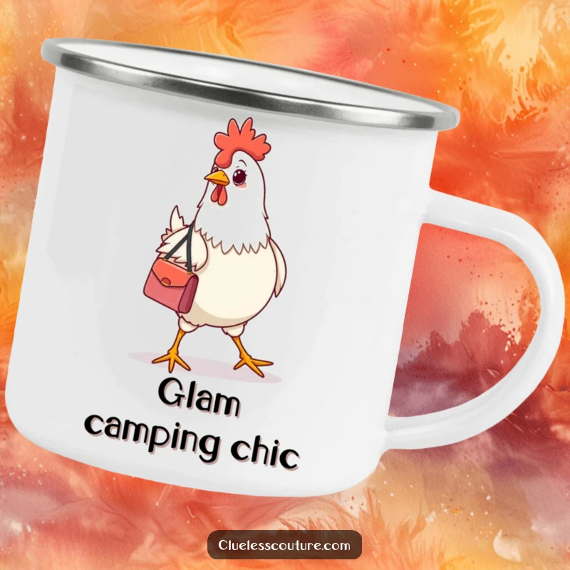 Funny chicken wearing a tiny designer handbag, strutting confidently, on a camp mug for outdoor humor.