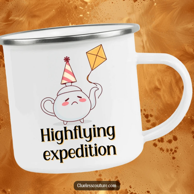 Funny camping mug depicting a confused teapot in a party hat trying to fly a kite, perfect for outdoor enthusiasts.