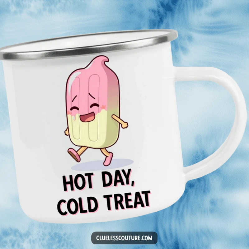 Funny camping mug showing a popsicle character melting dramatically while trying to walk, a humorous outdoor companion.