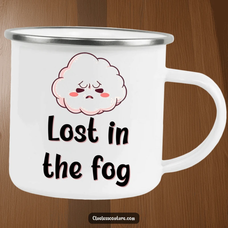 Funny camping mug featuring a nervous cloud trying to form a shape, perfect for outdoor contemplation, a funny gift.