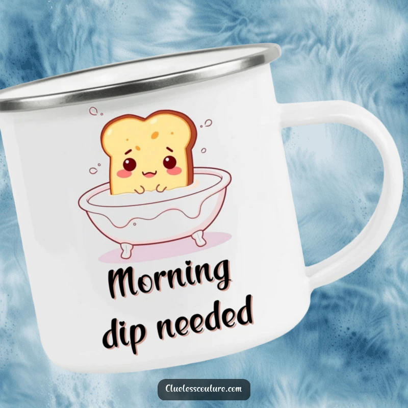 Funny camping mug illustrating a bewildered piece of toast in a milk bath, a humorous companion for outdoor breakfast moments.